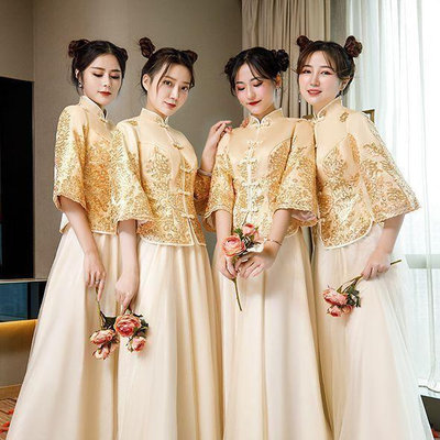 中式伴娘服香檳色顯瘦高級伴娘服2024新款姐妹團中國風伴娘裙合唱