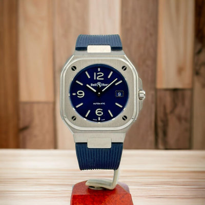 樂時計 二手極新 BELL &amp; ROSS 柏萊士 BR05A-BLU 藍色旭日錶盤 方形 膠帶 大三針腕錶 40mm 盒單齊全 台灣公司貨