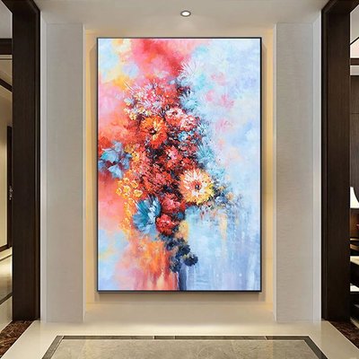 手工油畫手繪油畫玄關梵高向日葵壁畫現代豎版抽象花卉輕奢掛畫客廳裝飾畫