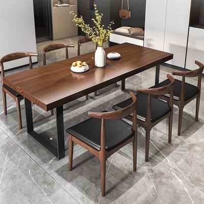 北歐實木長方形家用餐桌椅鐵藝餐桌現代簡約組合桌椅~特價