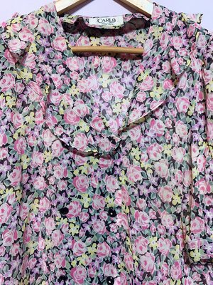 NANA 日本古著 玫瑰花園 荷葉邊領 雙排釦 短袖花襯衫 日式紅梅粉色