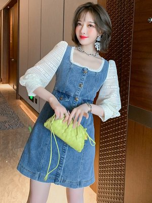 TANG KOREA 韓國女裝提花網紗袖拼接牛仔單排扣修身顯瘦連身裙