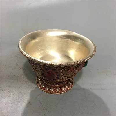 【熱賣精選】古董收藏手工藏銀掐絲鑲嵌寶石茶杯酒杯 器型規整 保存完好
