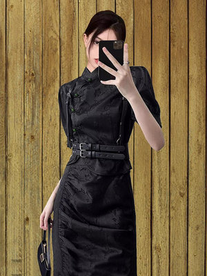 夏季新中式國風改良旗袍套裝女2024新款氣質高級感包臀黑色連衣裙-瑞芬好物家居