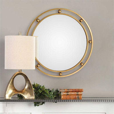 現貨 北歐現代簡約金色圓形鏡 衛生間浴室化妝鏡 掛墻圓點裝飾鏡