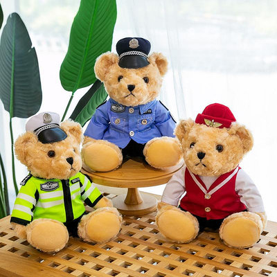 公仔新款交警小熊公仔警察泰迪熊毛絨玩具警服玩偶布娃娃可印