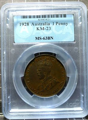 評級幣 1928年 澳洲 澳大利亞 1 PENNY 銅幣 鑑定幣 ACCA MS63BN