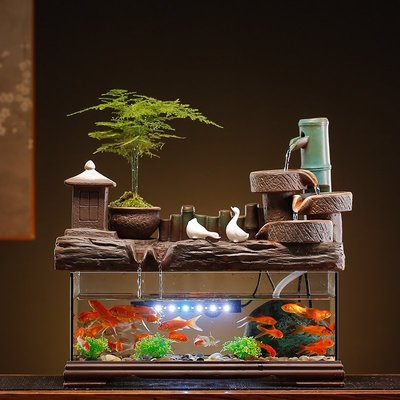 【熱賣精選】養金魚缸客廳小型擺件水泵陶瓷玻璃家用辦公室桌面裝飾品流水噴泉