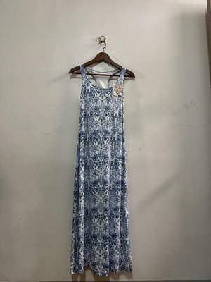 《全新》 UNIQLO 藍白花卉圖騰印花內罩杯有彈性長洋裝 / L / 1110521