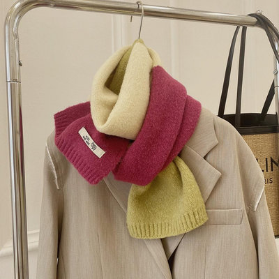 TH~韓國代購小羊標拼色毛線針織圍巾女 冬季ins百搭保暖圍脖（滿599元）