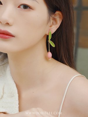 韓國BER~小眾原創設計師KS森系綠葉燈籠果天然寶石粉晶櫻桃長流蘇耳環耳夾