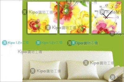 KIPO-橫三聯式 三幅式 中國風 水彩畫 山茶花 無框畫掛鐘 無框畫鐘 FFB021002A