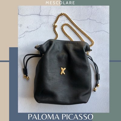售罊mescolare二手精品Paloma Picasso 80-90年代復古vintage稀少款金鏈條包真皮肩背包斜背包黑金配色