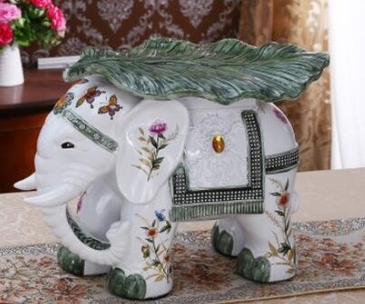 6354A 歐式 吉祥吸水大象擺件 吉祥象凳招財象裝飾品 葉子大象工藝品擺飾招財大象居家店舖擺件