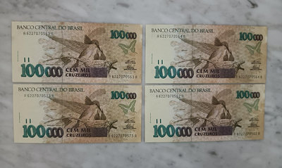 【二手】 巴西1993年100000（10萬）克魯塞羅4張，原版未加蓋1175 錢幣 紙幣 硬幣【奇摩收藏】