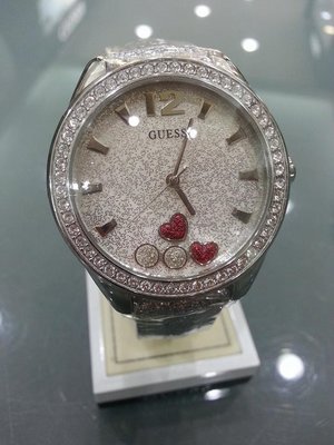 永達利鐘錶 GUESS 銀殼鑽框 銀蔥面板 皮帶錶 35mm 原廠公司貨 保固一年 GWW0117L1