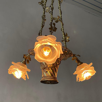 法國古董3頭吊燈，1890年左右手工銅鎏金吊燈。