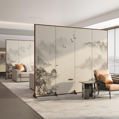 新中式實木屏風隔斷客廳可折疊移動酒店遮擋簡約山水畫裝飾辦公室