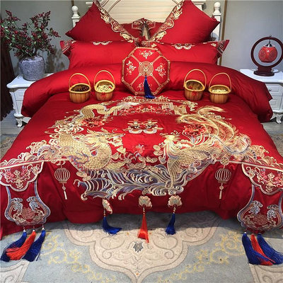 高檔刺繡純棉婚慶四件套全棉大紅色結婚龍鳳喜被陪嫁床上用品全套天秤百貨