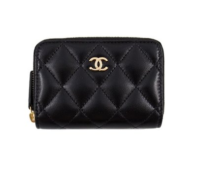 全新 正品 Chanel 香奈兒 黑色 經典ㄇ字拉鍊雙層卡夾 零錢包 羊皮 金扣 雙Ｃ 菱格紋
