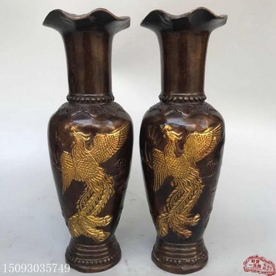 文興坊古玩銅器收藏 黃銅古銅鎏金銅花瓶 龍鳳呈祥花瓶 裝飾禮品