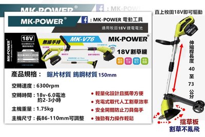 WIN五金 MK-POWER 18V充電式割草機(2.0一電一充)除草機 鋰電割草機 修草機 牛筋繩通用
