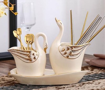 5096A 歐式陶瓷天鵝造型餐具筒 筷子瀝水架雙格餐具筒 餐具瀝水雙筒餐具盒擺飾