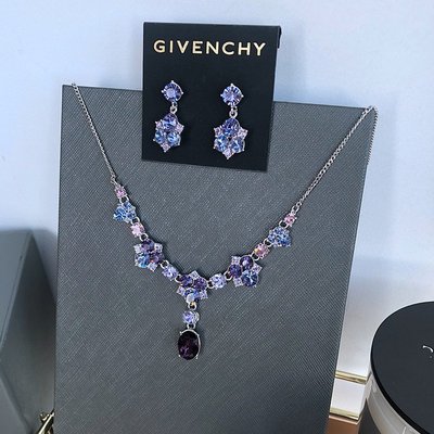 現貨Givenchy蝴蝶花 紫色水晶項鏈 耳環 套裝明星同款熱銷