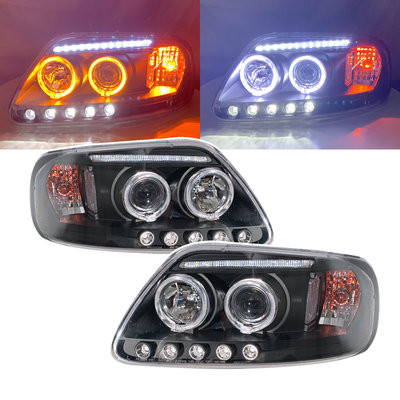 卡嗶車燈 適用於 福特 F系列 SuperDuty 猛禽 F250 MK10 97-03 光導LED光圈魚眼 大燈 黑色