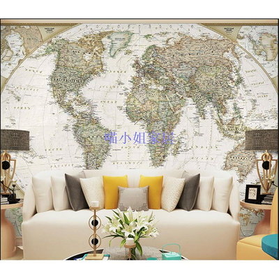 【喵小姐家居】定制壁紙貼,自粘牆紙,歐式複古風格世界地圖圖案,用於家居裝飾