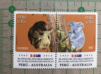 【郵卡庫】【動物】秘魯2013年，和澳洲建交50週年~無尾熊和樹懶 2全，新票 SP50962