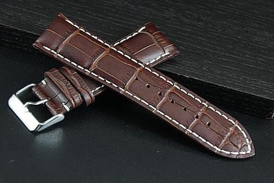 24mm收22mm高質感咖啡色可替代Armani原廠錶帶之鱷魚皮紋加厚真牛皮錶帶