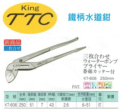 日本製 角田 KING TTC 鐵柄水道鉗 KT-606