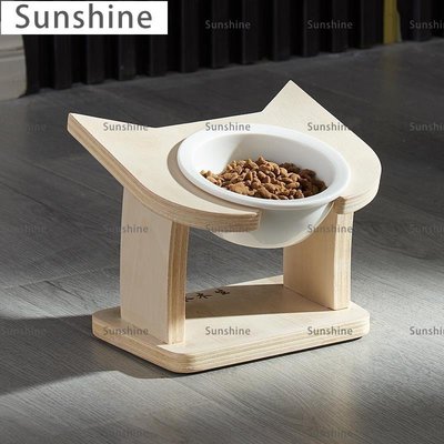 [Sunshine]貓碗陶瓷保護頸椎防打翻實木貓碗架斜口貓食盆寵物碗貓咪水碗雙碗