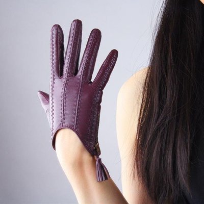 特賣-觸屏手套真皮純進口山羊皮流蘇拉鏈短款深紫紅色女款觸控功能