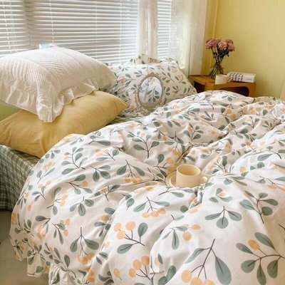 眾誠優品 青青子衿 韓式風純棉四件套清新綠植物床上用品2x2.3花邊被套床單ZC990
