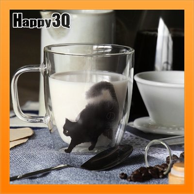 貓水墨風雙層玻璃杯兩層玻璃杯附蓋子辦公室喝水杯咖啡杯貓杯-多款【AAA4204】