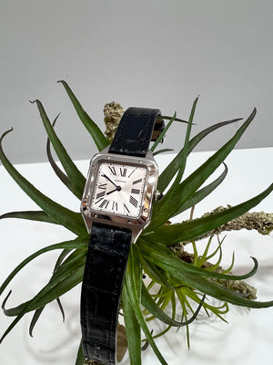 Cartier 卡地亞 SANTOS DUMONT 山度士 黑色桃紅色鱷魚皮帶 不鏽鋼 石英錶 錶 手錶 女錶
