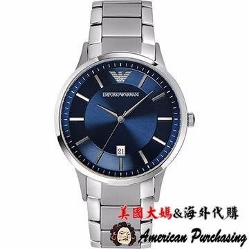 潮牌 EMPORIO ARMANI 亞曼尼手錶 AR2477日期 藍面鋼帶男錶 手錶 腕錶 海外代購-雙喜生活館