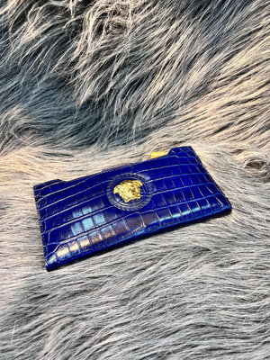 VERSACE 凡賽斯 DPU6140 藍色鱷魚紋牛皮 美杜沙魔女頭 長夾皮夾 零錢 信用卡發財夾