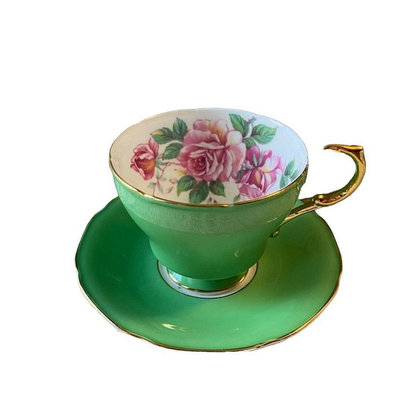 英國骨瓷帕拉貢Paragon翠綠粉色大玫瑰杯盤
