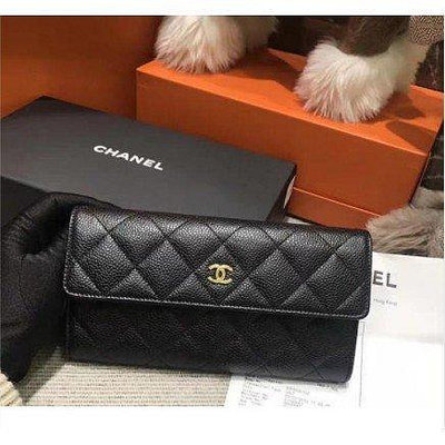 CHANEL A50096 COCO款經典雙C LOGO菱格紋荔枝皮金扣長夾.黑 發財包