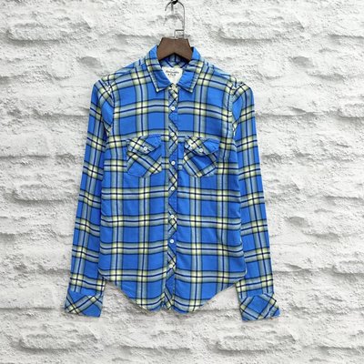 Maple麋鹿小舖 Abercrombie&amp;Fitch ＊ AF 藍色格紋長袖襯衫 ＊ ( 現貨XS號 )