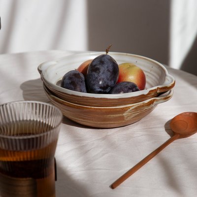 “正品”日式粗陶圓形雙耳盤子陶瓷小湯盤家用創意菜盤復古餐盤魚盤餐具