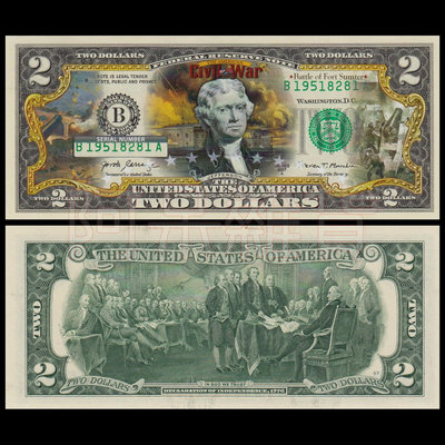 麥擱問阿 彩色版真鈔 美國內戰 桑特堡戰役 2美元 林肯 南北軍 美金美元 混合塑料 鈔票 美國 非現行流通
