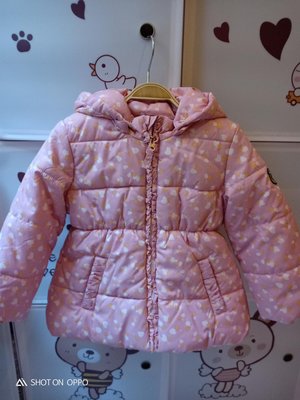 二手 超保暖又好搭 防風效果好 ESPRIT粉色愛心女童外套 極輕保暖羽絨外套 保暖長板外套 24m 95公分內可穿