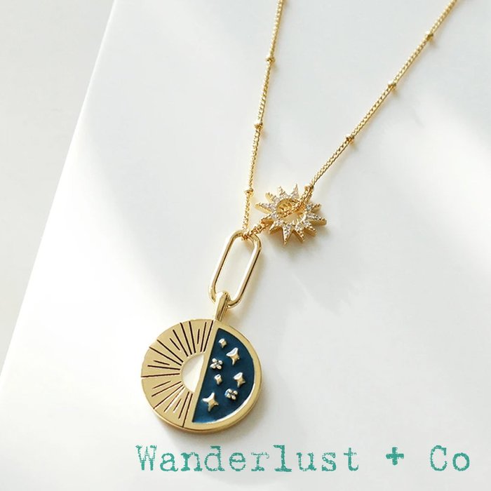 Wanderlust+co 澳洲品牌 鑲鑽太陽星辰 金色X深藍色項鍊 背面刻字款 Presence 我存在