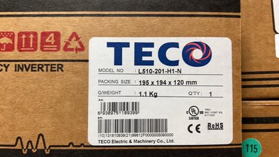 TECO變頻器~免運~東元變頻器~L510-201-H1-N  1HP單相220V