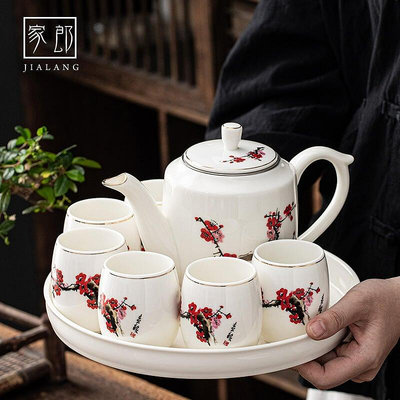 德化白陶瓷功夫茶具套裝家用青花瓷大號水壺杯子簡約客廳茶盤