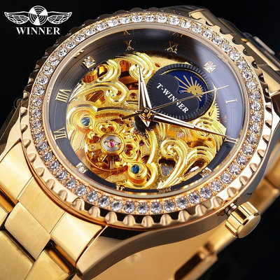 現貨男士手錶腕錶新款 winner 歐美風范男士時尚鏤空復古水鉆腕錶 自動機械手錶